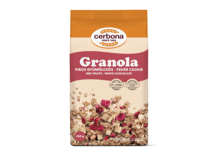 Piros gyümölcsös-fehércsokoládés granola